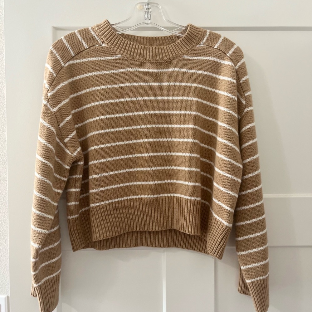 T Tahari Tan and White Striped Crew Neck Sweater